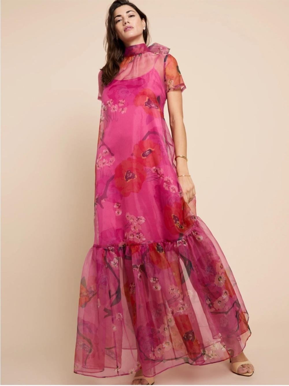 NWT CAARA Melody Pink Poppy Organza Maxi Few Moda Back Bow Tie Large